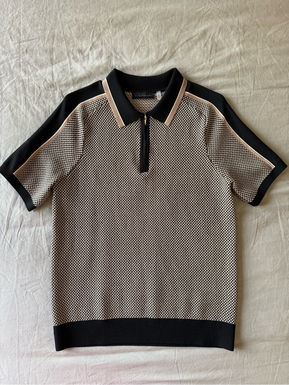 Elie Tahari Black and Beige Knit Polo Shirt